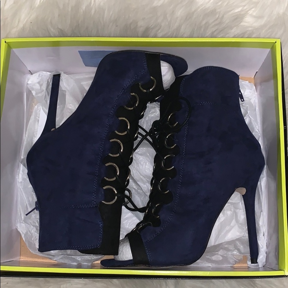 Blue/black lace up booties with silver hardware